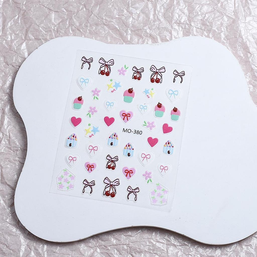 3D Cute Bow, Cherry, and Heart Embossed Nail Stickers - Self-Adhesive Decals