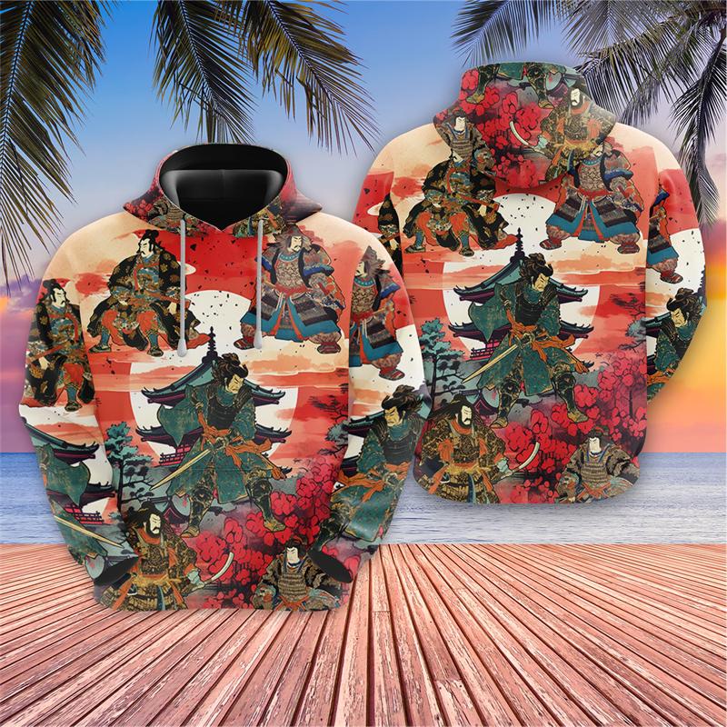 Japońskie samurajskie bluzy graficzne Harajuku Fashion Cherry Blossoms bluzy z kapturem dla mężczyzn ubrania Warrior Cat Y2k bluza z kapturem dla chłopców