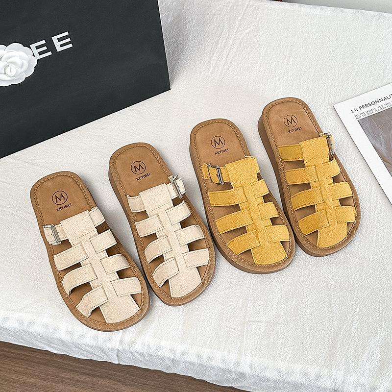 911-5 Woven pig cage baotou half slippers women's 2025 summer new Korean version flat bottom outer wear casual cool slippers women