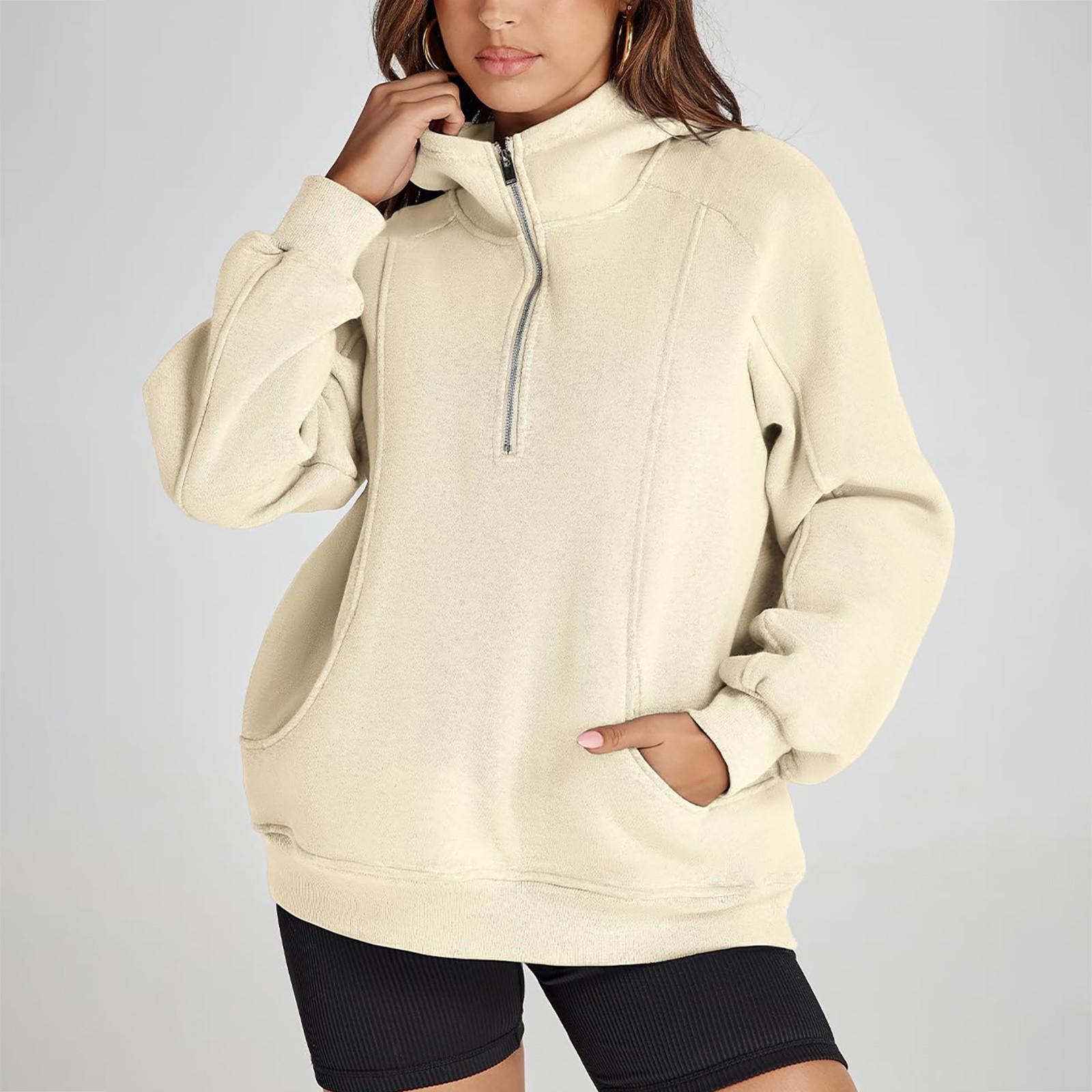 

Жіночі толстовки великого розміру Світшоти на половину блискавки з флісу з довгим рукавом Повсякденний пуловер з капюшоном Топи S бежевий