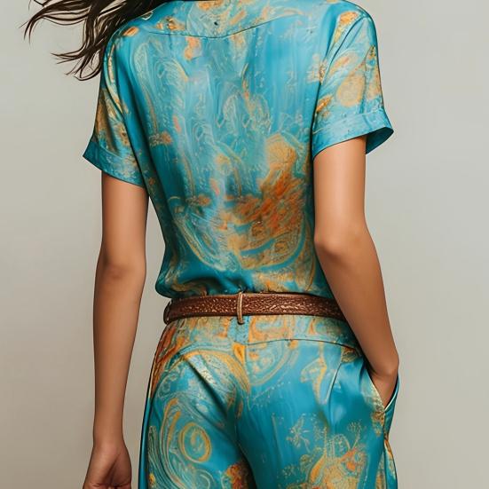 2-teilige Sets für Damen, Lässiges kurzärmeliges Hemd mit Knöpfen und Wide-Leg-Hosen-Kombinationen, Sommerliche bedruckte Urlaubs-Outfits