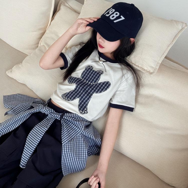 Korean Style Girls Cartoon T-shirt & Cargo Plaid Bloomers Set - Trendy Summer Outfit 150cm
