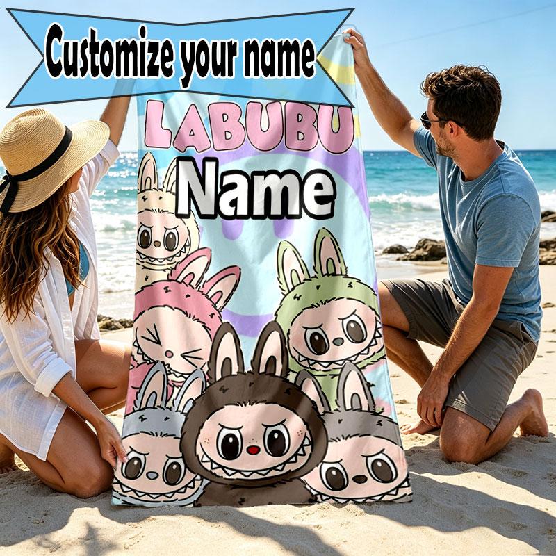 Custom Name Personalized Labubu Print Beach Towel, for Trip Camping Beach Party Home Decor, Birthday Gift for Family & Friends