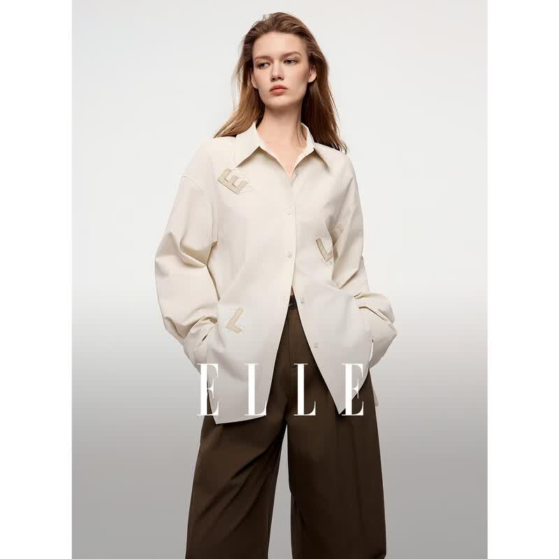 ELLE Women s French Style Embroidered Cotton Shirt L