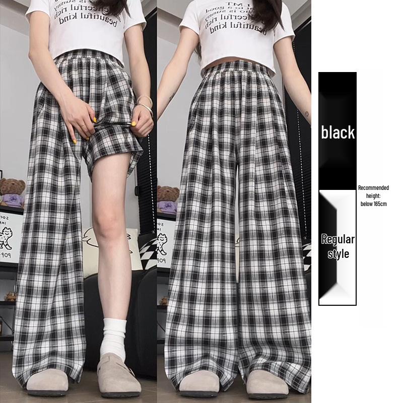 

Women s Plus Size High Waist Plaid Wide-Leg Pants - Ice Silk Spring/Summer 2026 Slimming Hip-Hugging Trousers S чёрный