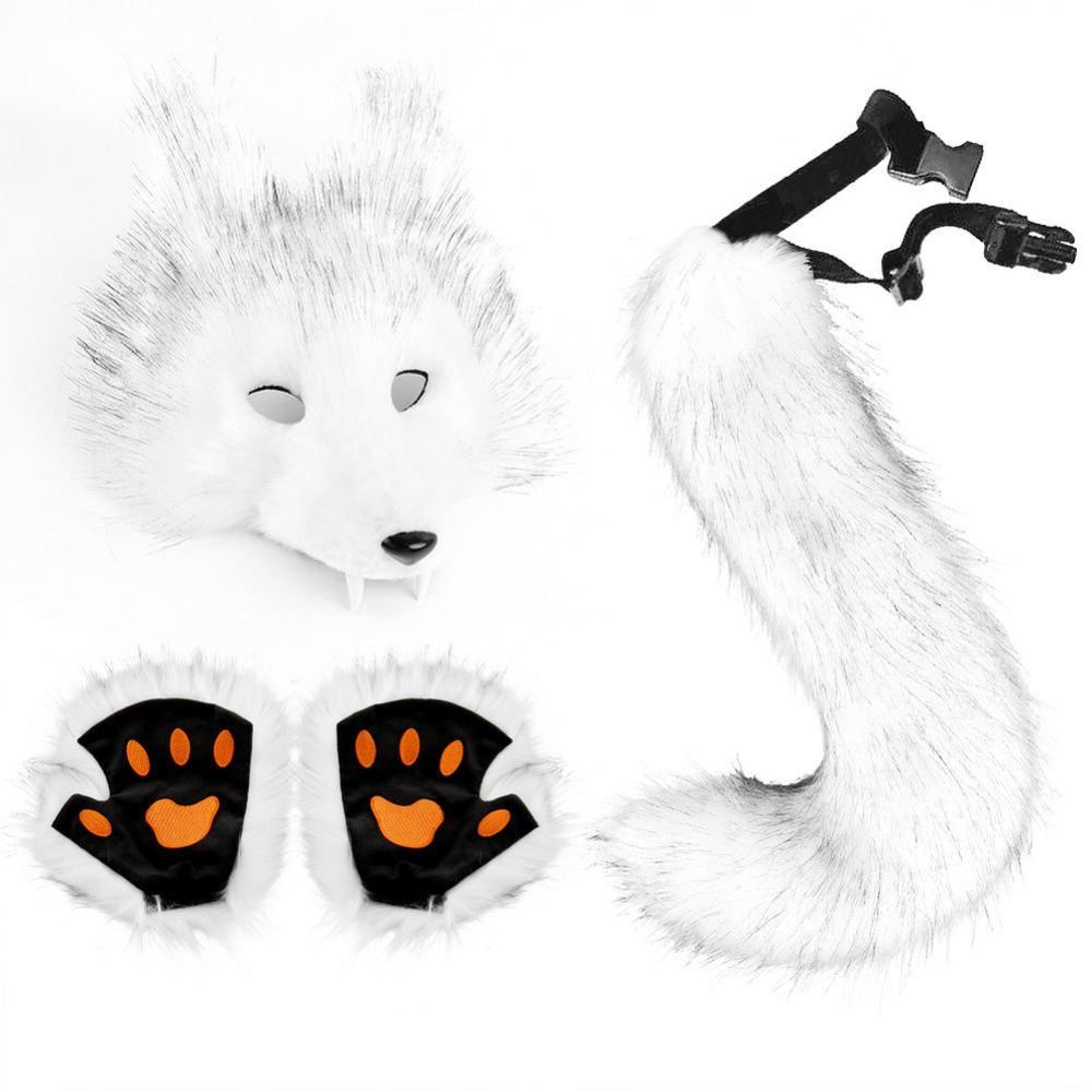 Halloween Wolf Mask Plush Tail Accessory Kit Simulation Animal Roleplay Costume Props Party Masquerade Decoration Set