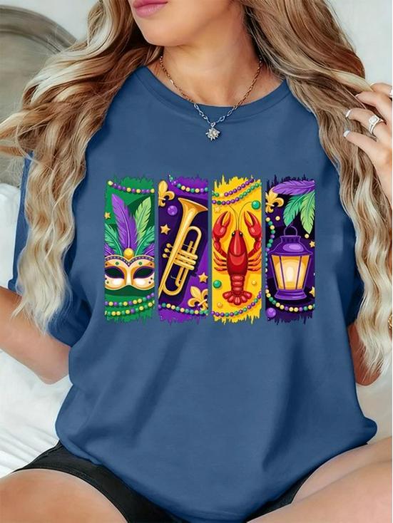 

Women s Summer Carnival Mask Jazz Print O-Neck Short Sleeve T-shirt M