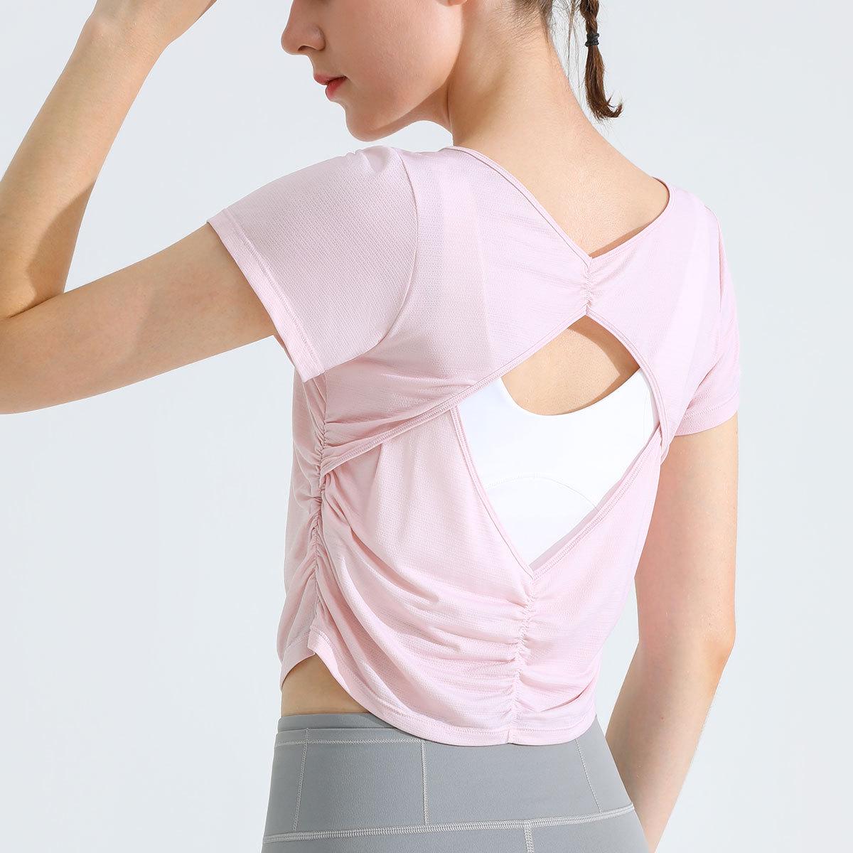 

Женские дышащие летние фитнес-топы - Приталенные спортивные футболки с коротким рукавом и стильным дизайном спины для бега и йоги Medium