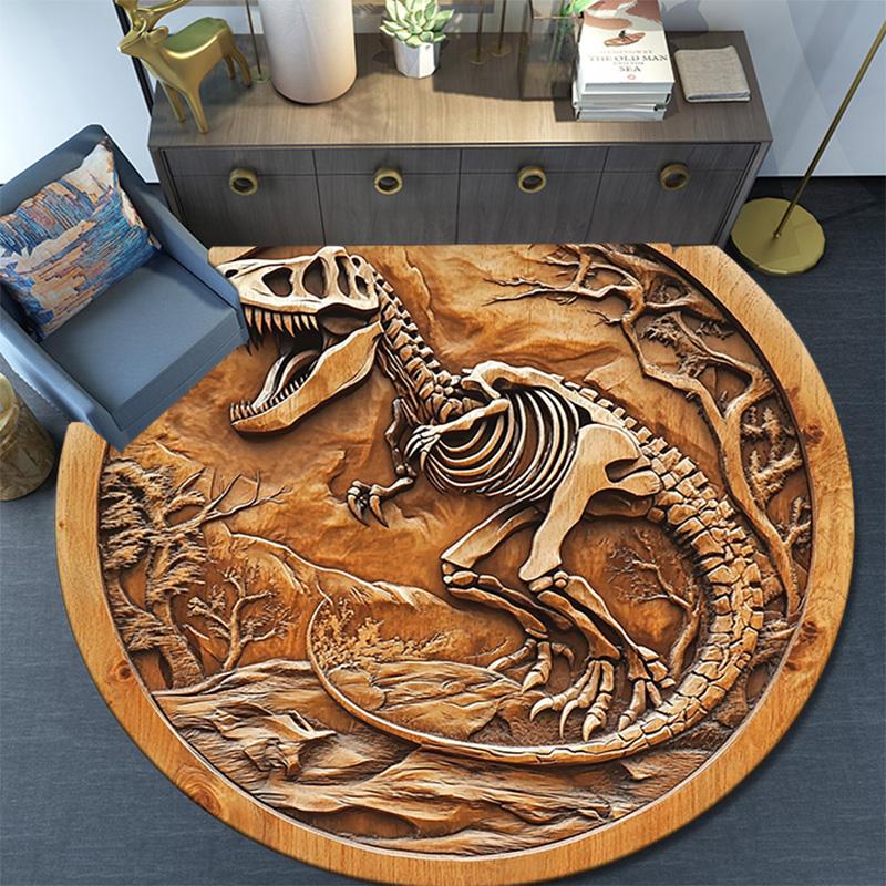 Dinosaur Fossil Relief Round Area Rug,Carpet Rug for Living Room Bedroom Sofa Playroom Decor,Non-slip Floor Mat