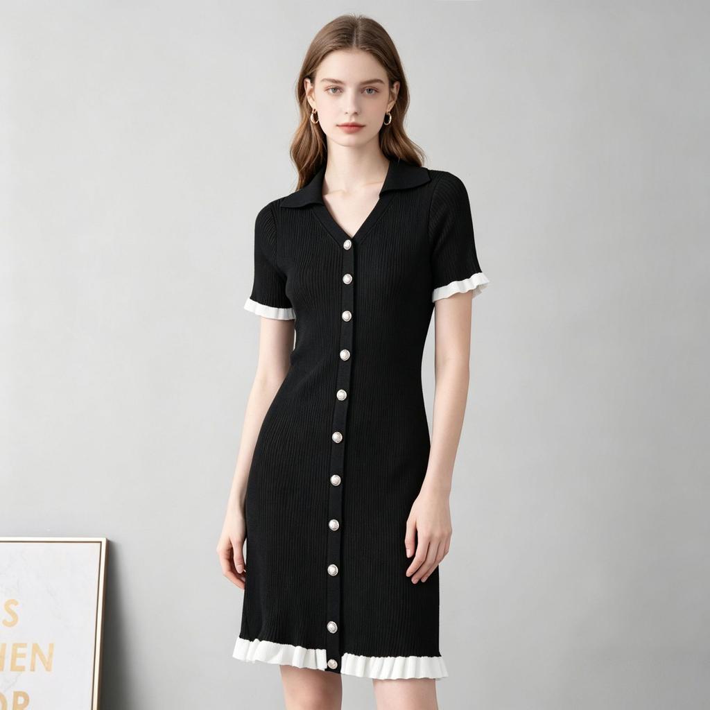 V-neck Slim Slim Slim Single-breasted Splicing Short-sleeved Knitted Hip-wrapped Dress Commuter Summer Dress