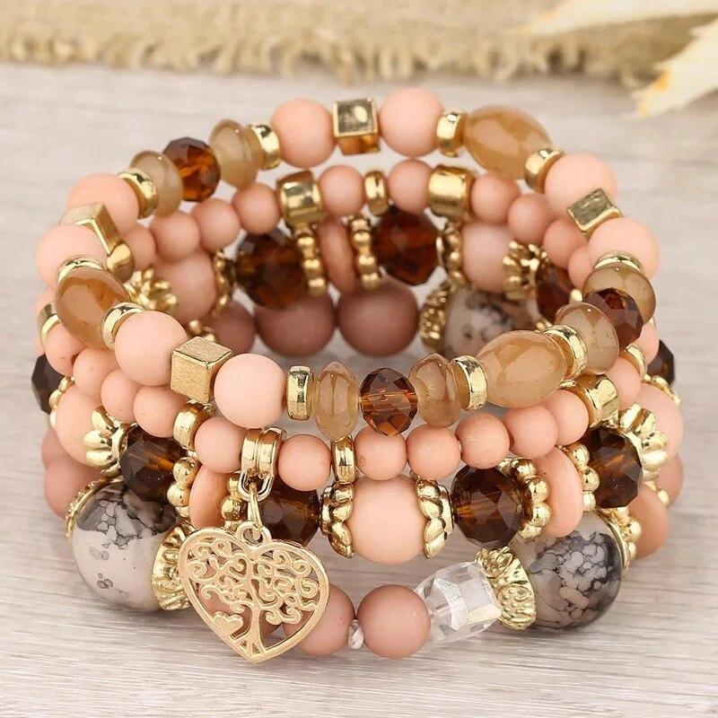 Bohemian Heart Tree Charm Bead Bracelets Set New Statement Multilayered Bracelets Pendant Charm Stretch Bangles Female Jewelry
