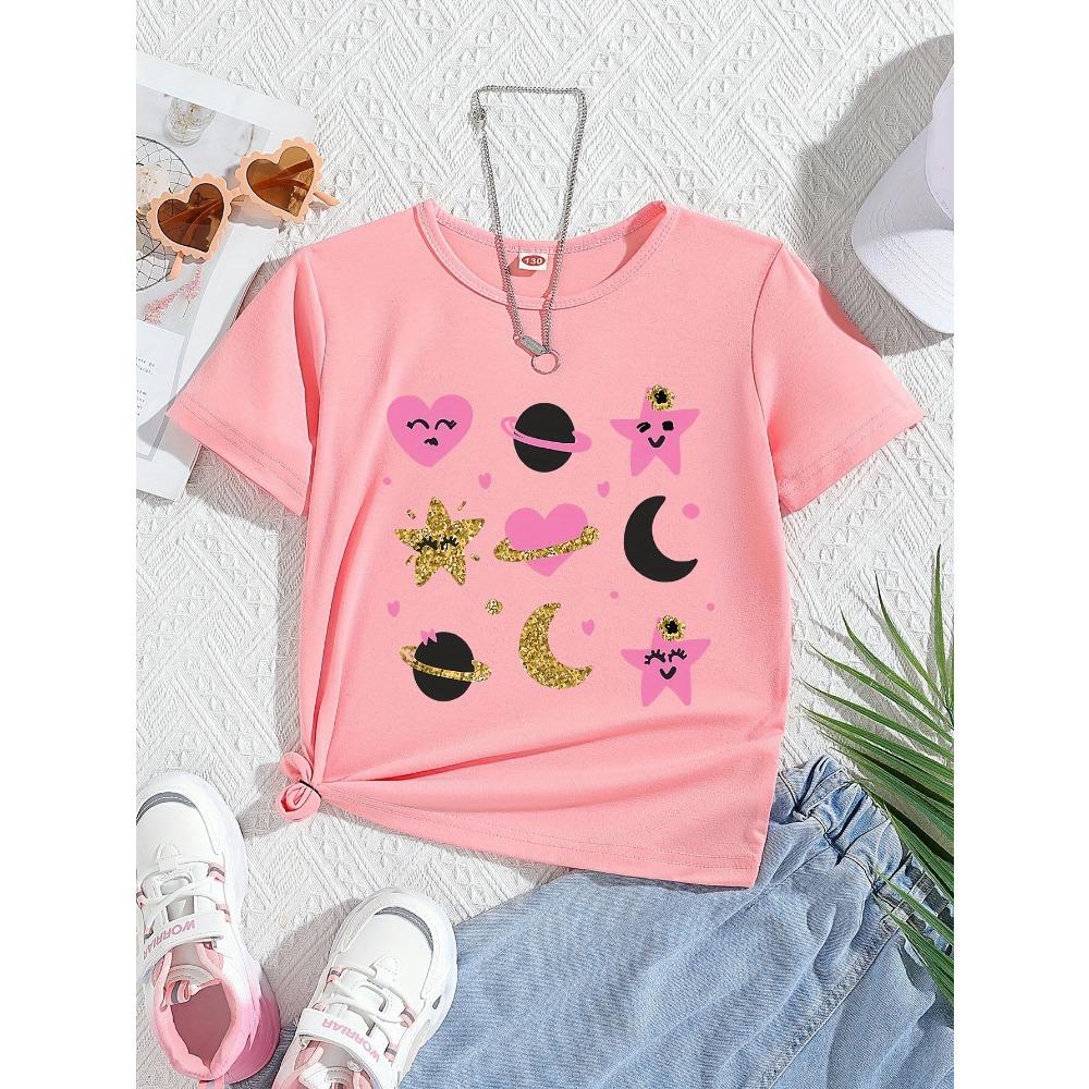 Children's Star, Moon, and Heart Cartoon Pattern T-shirt