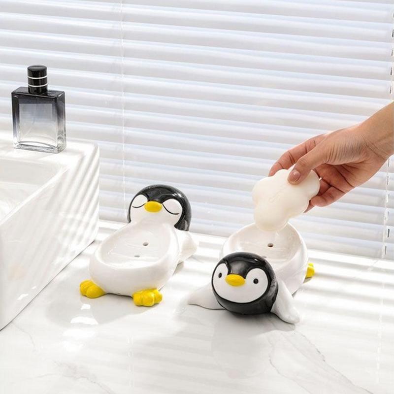 1 Stück Seifenkiste in Pinguinform aus Keramik, Ablaufseifenschale, Badezimmer, Dusche, Seifenhalter, Schwammablage, Küche, Badezimmer-Zubehör