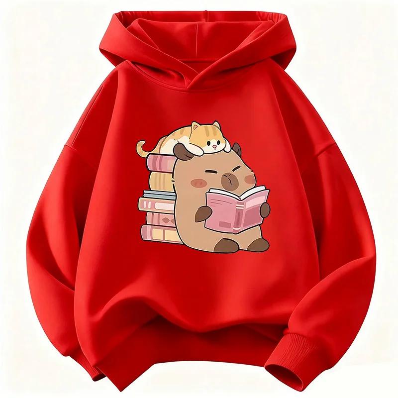 Best-selling Fall/winter Fun Guinea Pig Pattern Reading Book Hoodie. Trendy Teenage Cat Print Casual Hoodie.