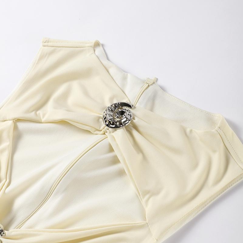 Fashion Sexy Hollow Out Strapless Solid Shell Button Long Dress Women Sleeveless Round Neck Bodycon Evening Party Dress