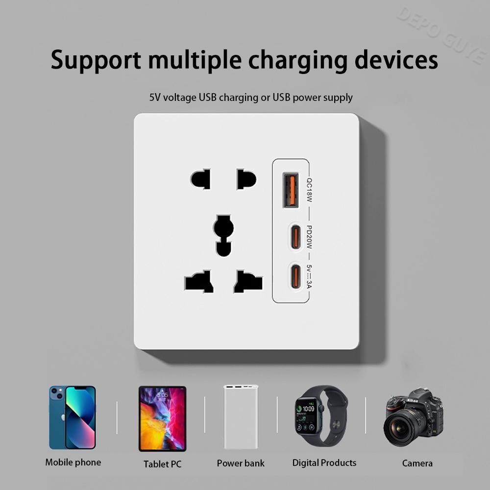 Universal 5Pin Socket With 20W Fast Charging Double Type-C Port,UK Wall  Electrical USB Plastic Power Plug Outlet AC 110V-250V