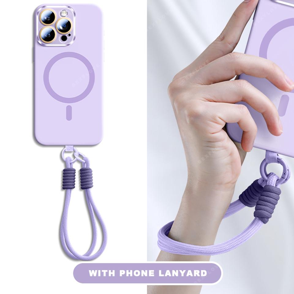 Lanyard Phone Case For iPhone 15 14 16 Plus 11 12 13 16 Pro Max Magsafe Liquid Silicone Magnetic Strap Charge Protector Cover