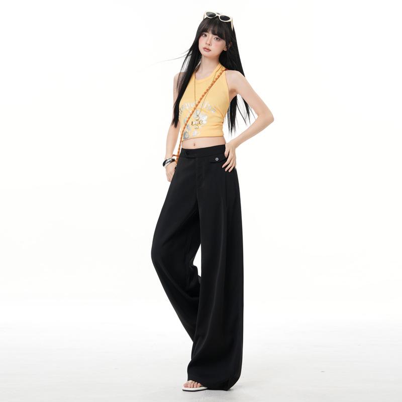 Minghai Spring Black High-Waist Wide-Leg Casual Women's Pants