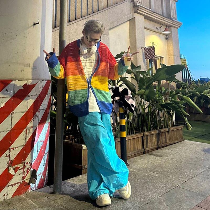 Unisex High-End Knitted Rainbow Cardigan with Zipper