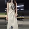 Temperament Vintage Print Dress Women Summer Sleeveless Zipper Vest Long Skirt