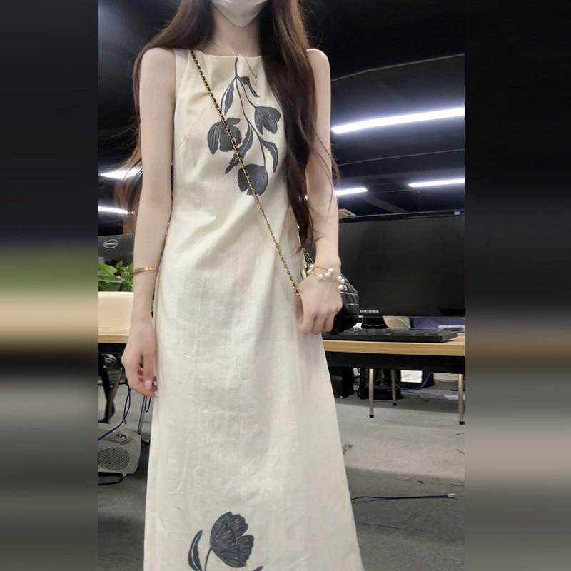 

Темпераментное платье с ретро-принтом, женское летнее без рукавов, на молнии, жилет, длинная юбка XL белый