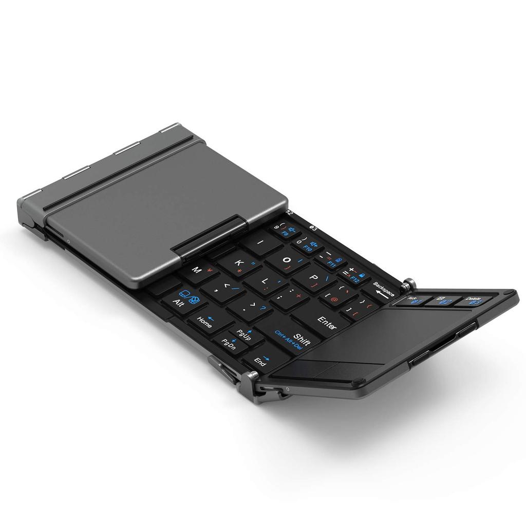 iClever Foldable Keyboard, Bluetooth, USB, Touchpad, Switches Between 3 Devices Simultaneously, Stand, Mini Keyboard, Aluminum, Compatible with