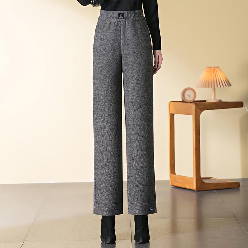 Damskie spodnie z wysokim stanem, z mieszanki wełny, z prostymi nogawkami, pogrubione, petite, długość 9/10 na jesień/zimę 2024