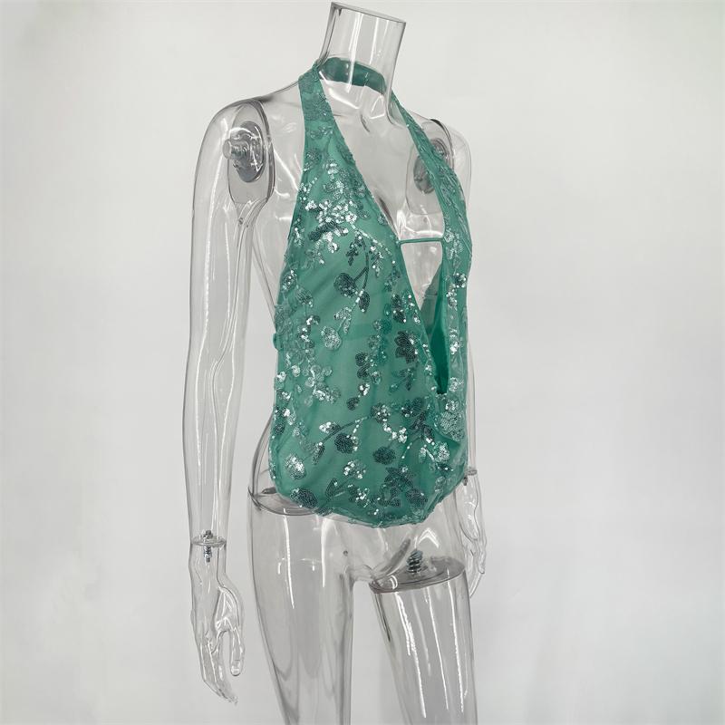 Sexy Tiefem V-ausschnitt Strand Tank Top Heiße Mädchen 2025 Sommer Pailletten Patchwork Ärmellose Weste Frauen Urlaub Sexy Backless Top