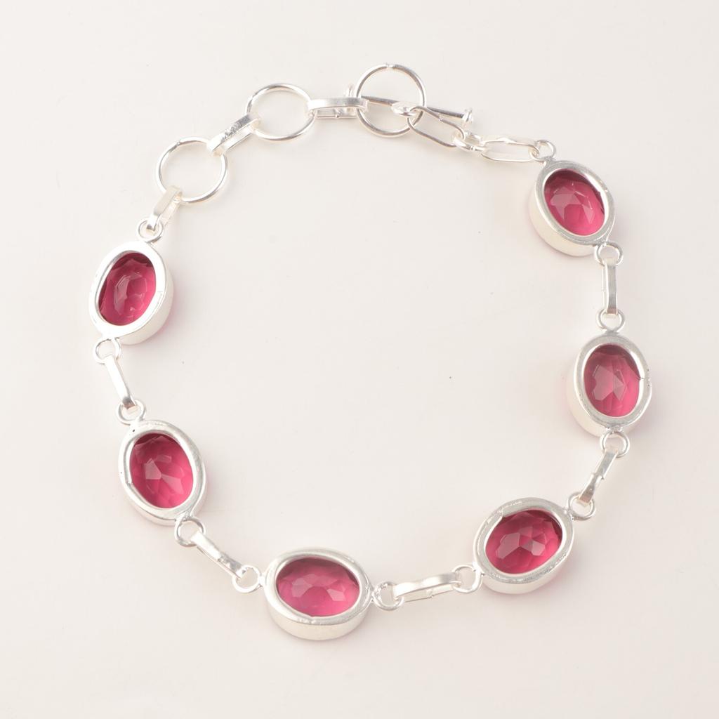 Pink Tourmaline Gemstone 925 Sterling Silver Jewelry Handmade Boho Bracelet 9" RB-5-1