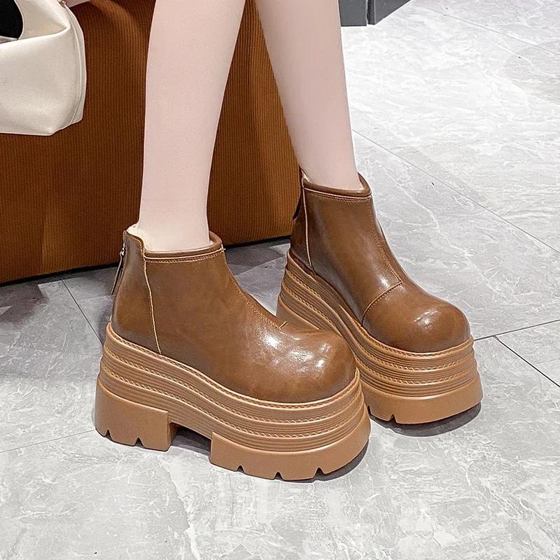 Fashion 10CM New Women Winter Chunky Ankle Snow Boots High Platform Fur Shoes Wedge Heels Plush Warm Short Boots Leather Chelsea Botas