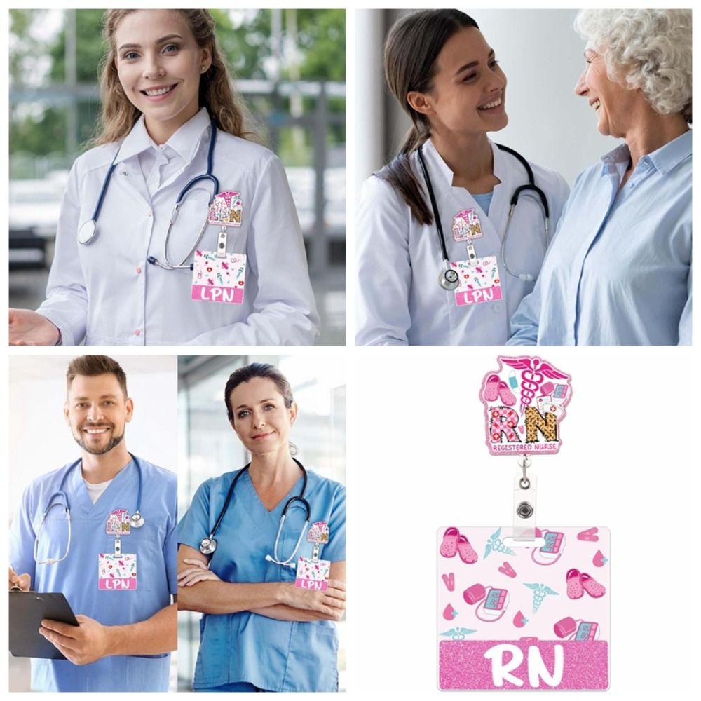 Pink Glitter Nurse Badge Reel 60 Rotating Name Cards Holders Retractable ID Holder  Resident Nurses