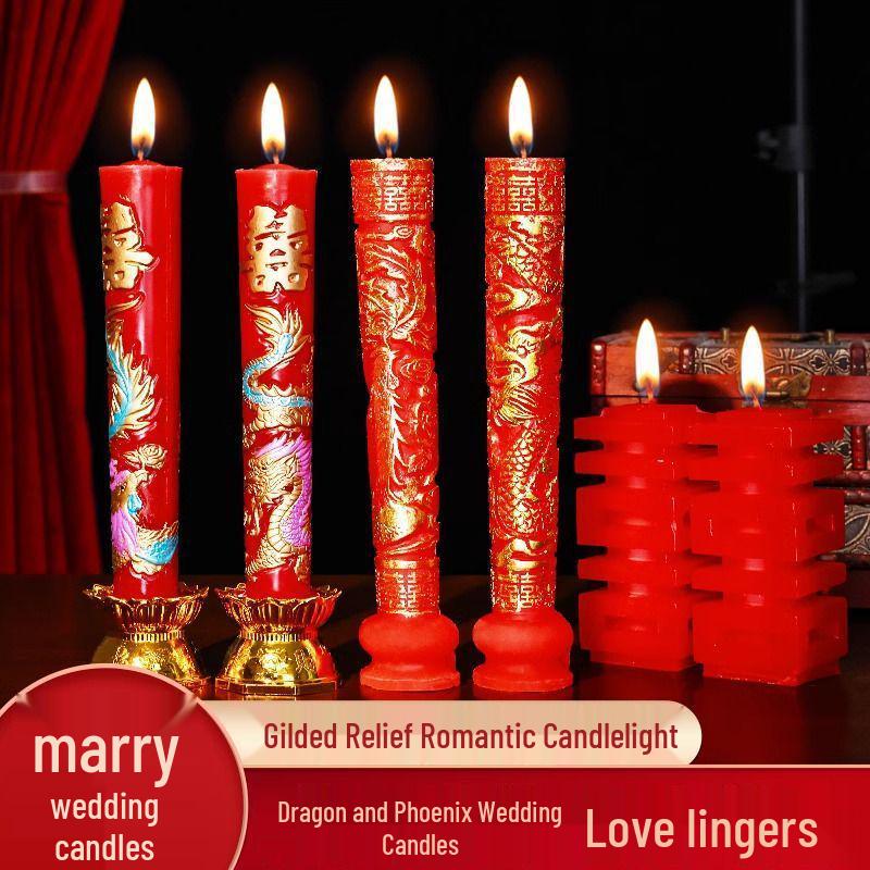 Wedding Double Happiness Red Candles - Smokeless Dragon and Phoenix Bridal Pair