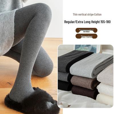 Calze da donna extra lunghe grigio fumo con fodera in pile, micro compressione, a righe verticali