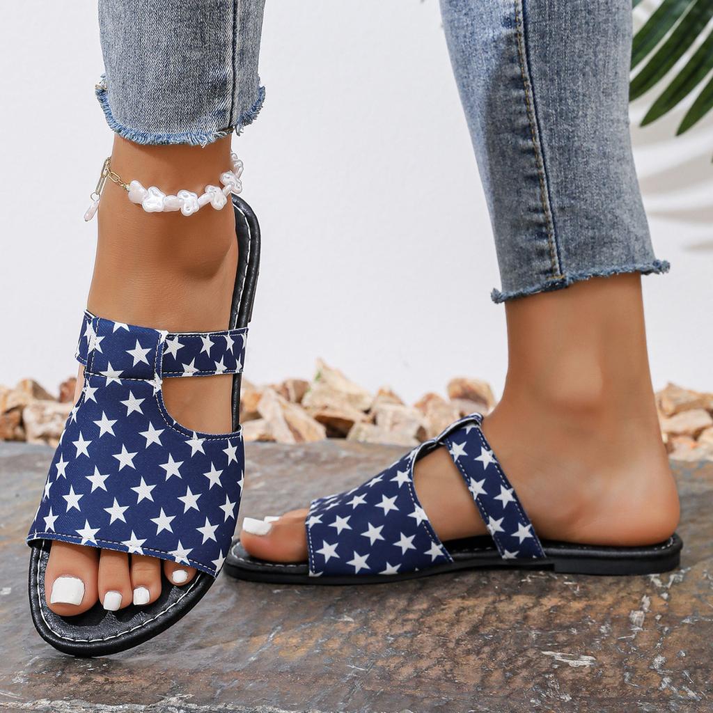 Women Slip On Sandals Star Pattern Open Toe Flat Slide Sandals Casual Comfortable Footwear for Daily Wear