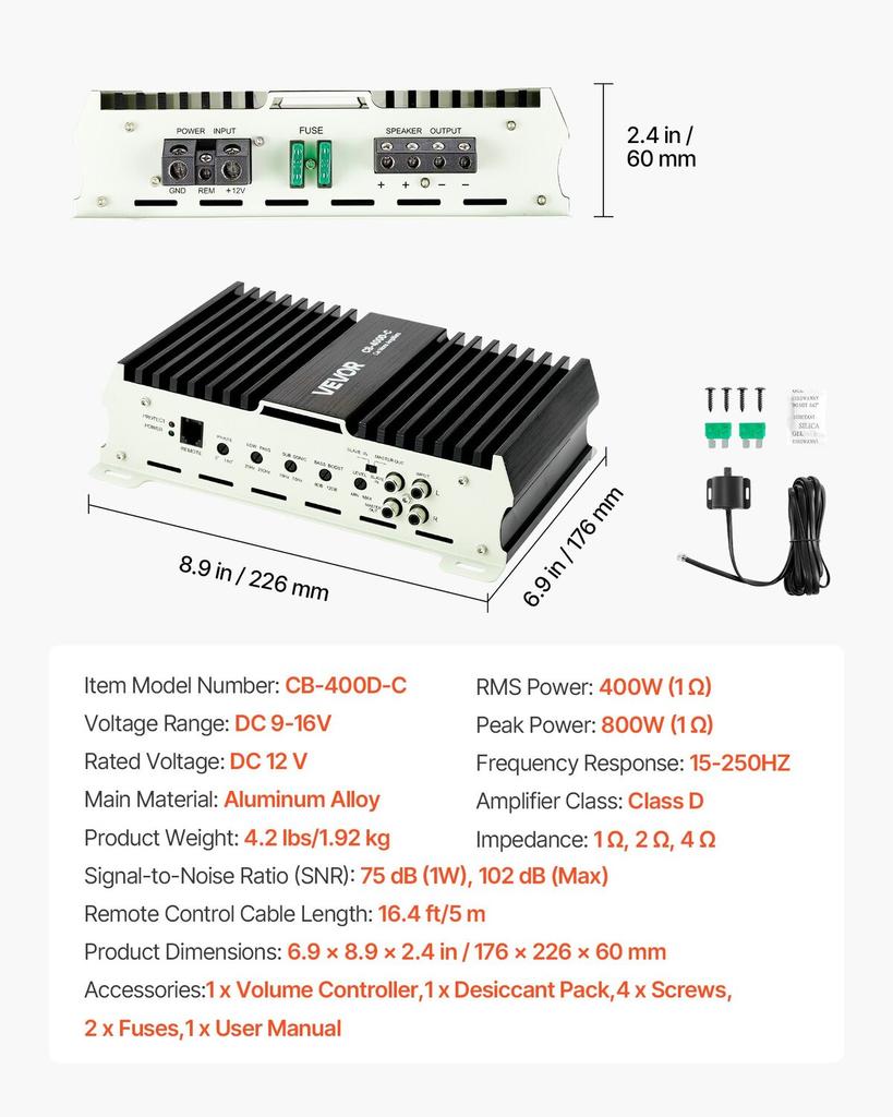 Monoblock Car Amplifier, 400W RMS MAX, 1/2/4 Ohm Stable, 1-Channel Class D Car Audio Amplifier with Remote Subwoofer Level Control, Low Pass Filter,