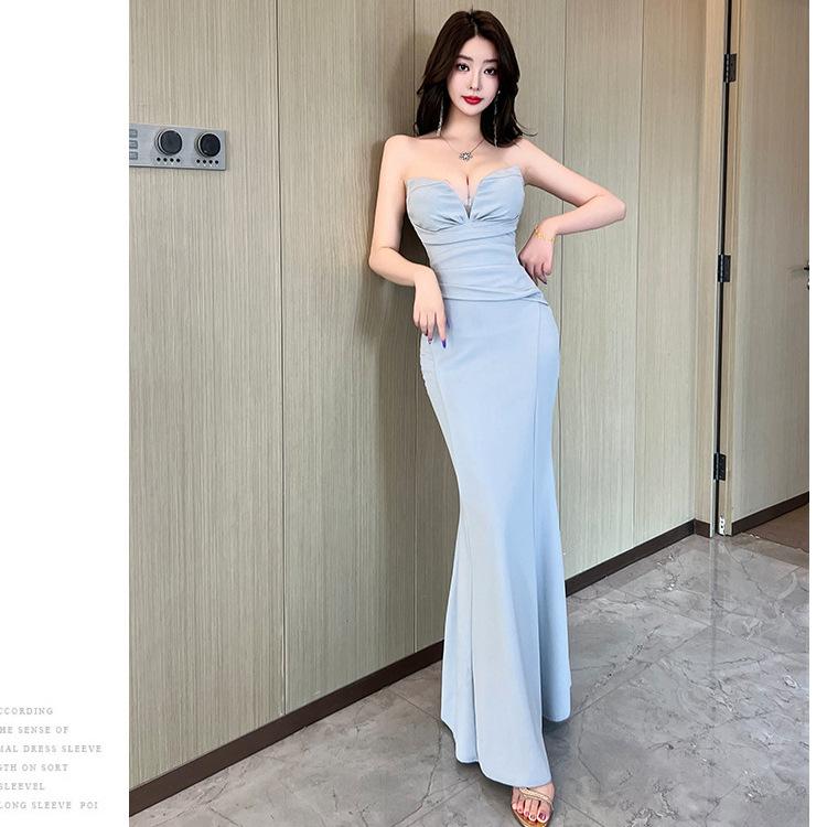 Evening dress women's high-end sense new tube top fishtail skirt banquet temperament solid color slim-fitting light luxury niche long dress
