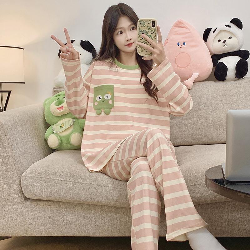 Paski Zielony Zestaw Piżamowy Damski Urocza Codzienna Bielizna Nocna Długi Rękaw Długie Spodnie Jesień Zima Piżama Dziewczęca Miękka Przytulna Piżama Damska