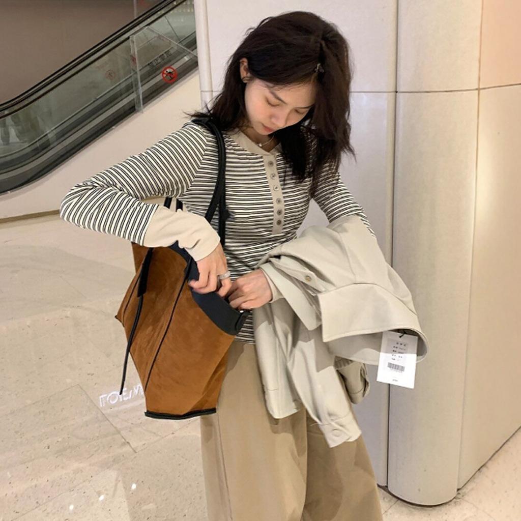 Women's Striped Henley Top Contrast Cuff Slim Fit Long Sleeve Casual Tee