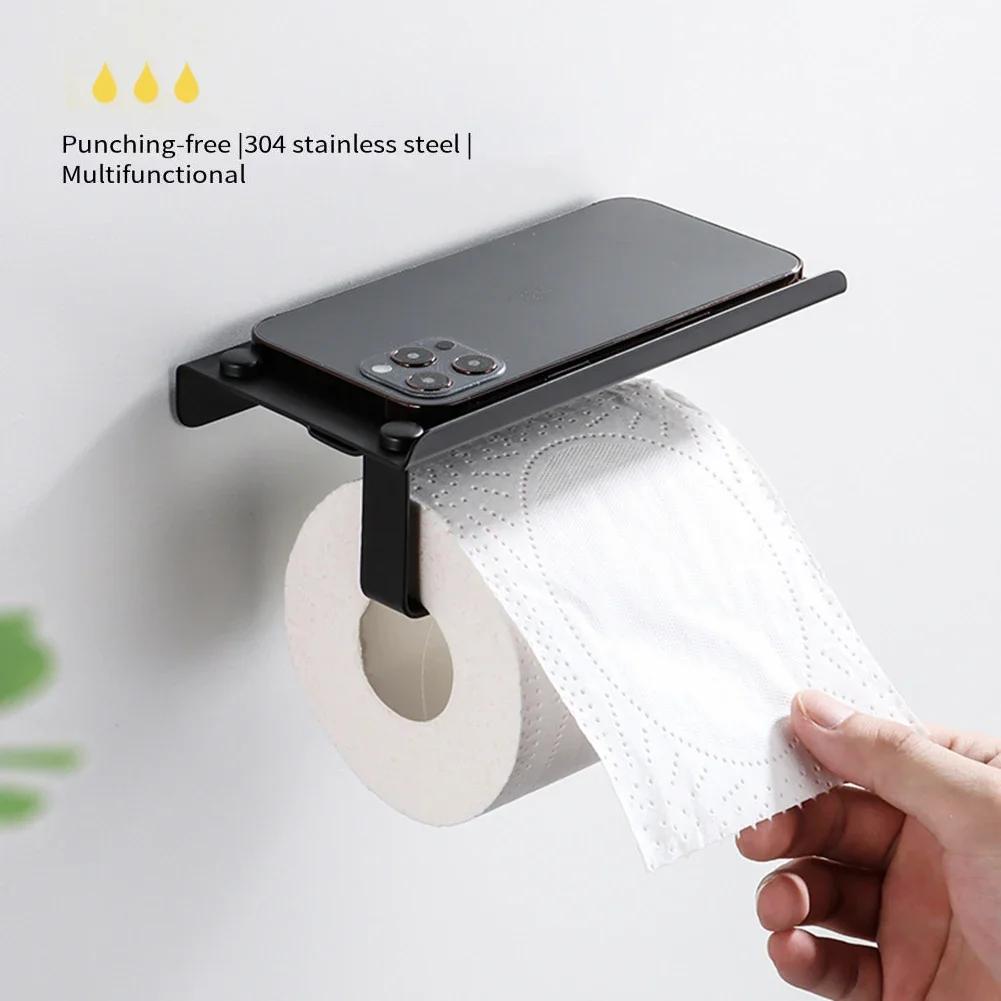Dual Installation Toilet Paper Holder with Stainless Steel Body and Spacious Shelf for Phones or Sanitizers in Bathroom Settings