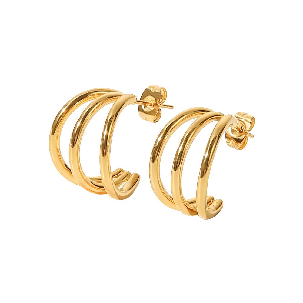 INS French Niche Geometric Titanium Steel Earrings: 18K Gold Three-Line Design for Women