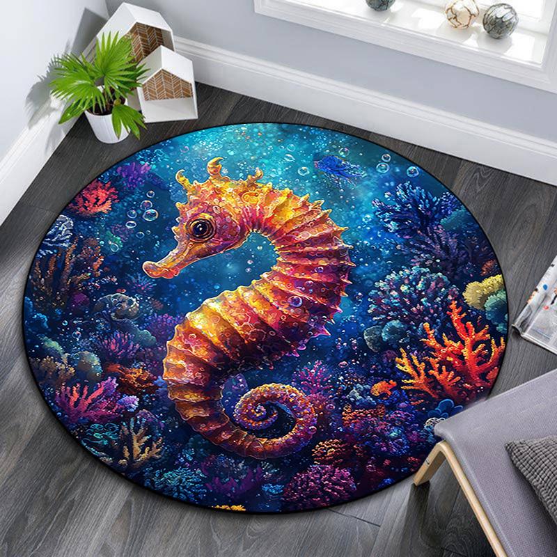 Seahorse Round Area Rug,Carpet Rug for Living Room Bedroom Sofa Playroom Decor,Non-slip Floor Mat