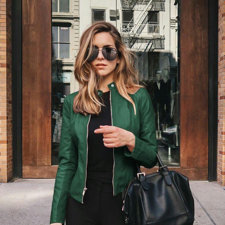 

Женская велосипедная куртка из искусственной кожи, верхняя одежда на молнии, осенне-зимняя женская модная короткая тонкая женская куртка 5XL зелёный