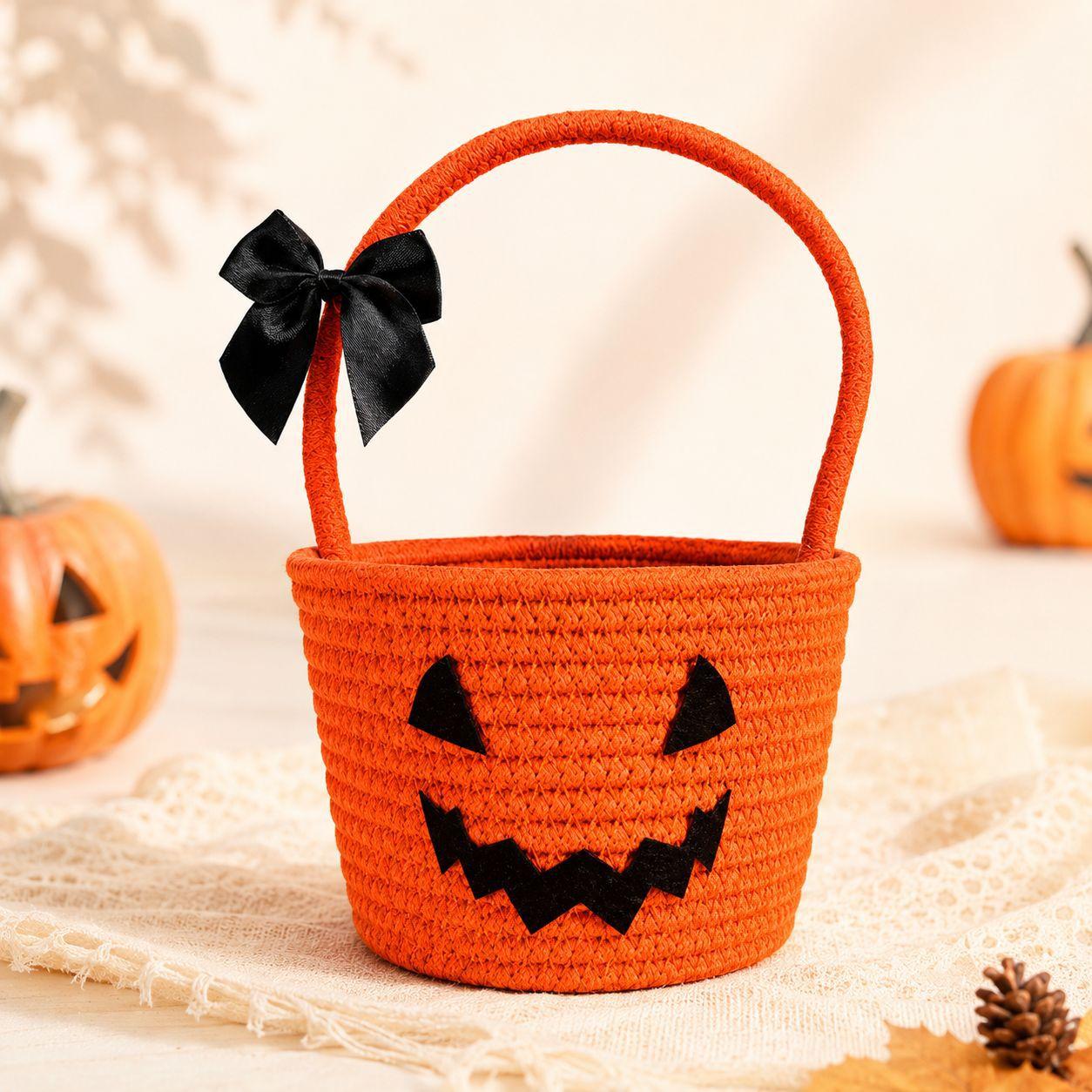 Halloweenowa torba na słodycze dla dzieci, Pleciony koszyk na słodycze z dyni, Uchwyt z bawełnianego sznurka, Satynowa kokardka, Urocze buźki, Lekki koszyk do przechowywania A-with-bow