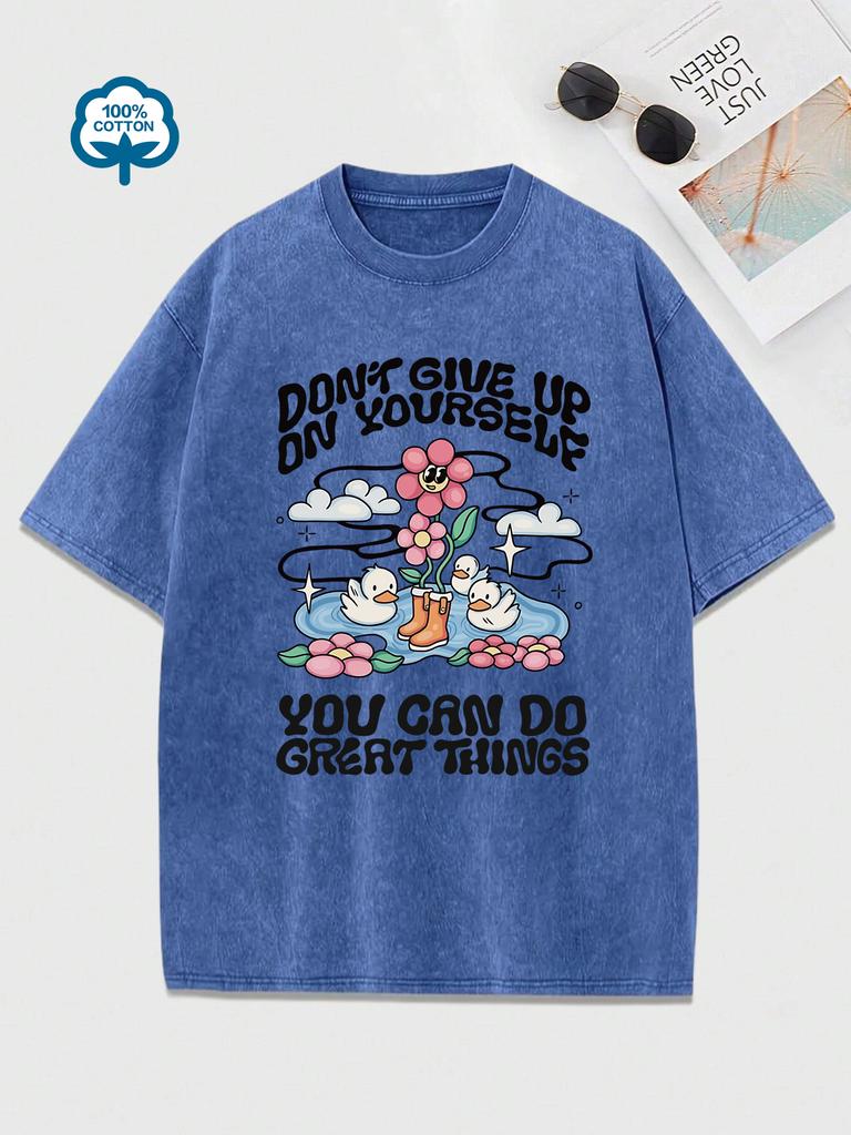 No Te Rindas Contigo Mismo Patos Felices Nadando Estampado Camisetas Lavadas Mujer Algodón Hip Hop Camisetas Tops de Verano Ropa Holgada