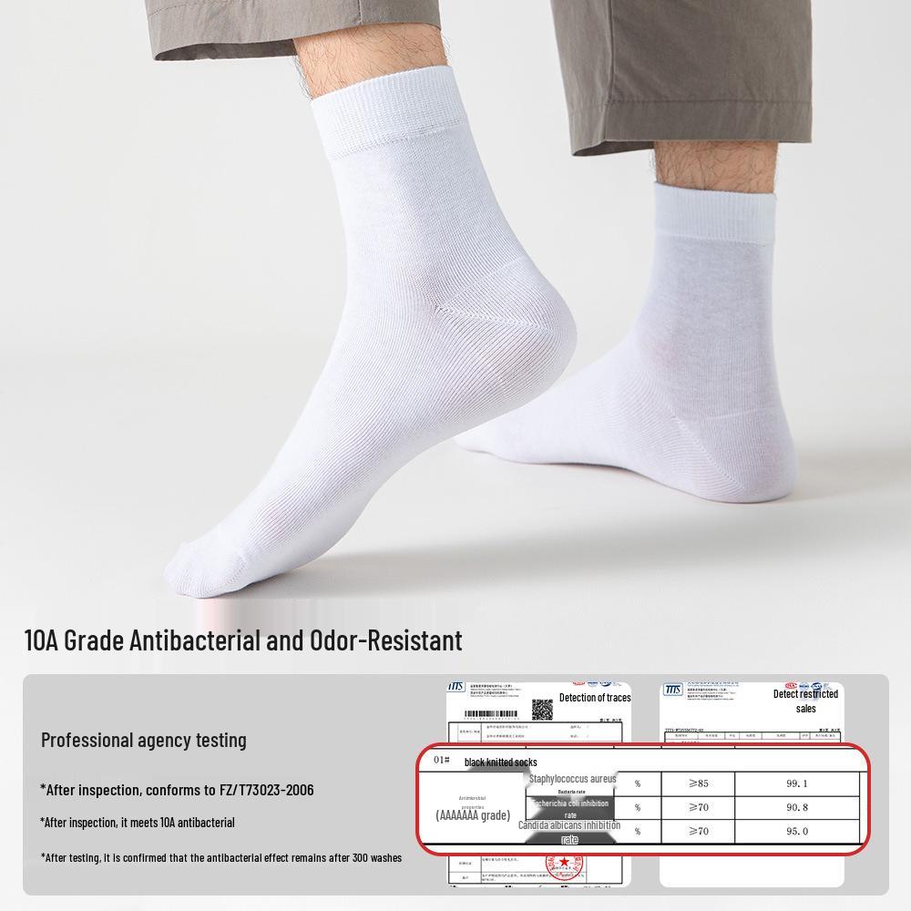 Men's Pure Cotton Antibacterial Mid-Calf Socks - Black, Breathable, Sweat-Absorbent for All Seasons