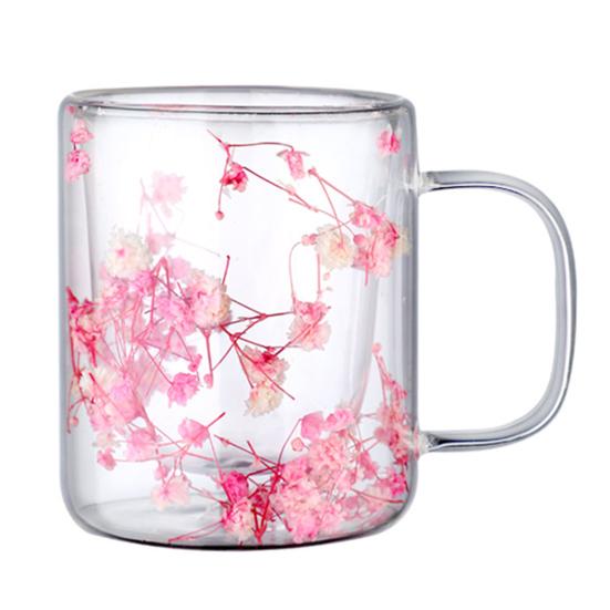 Double Wall Glass Coffee Mug with Handle Colorful Petal Design Tumbler Creative Insulated Cup for Hot