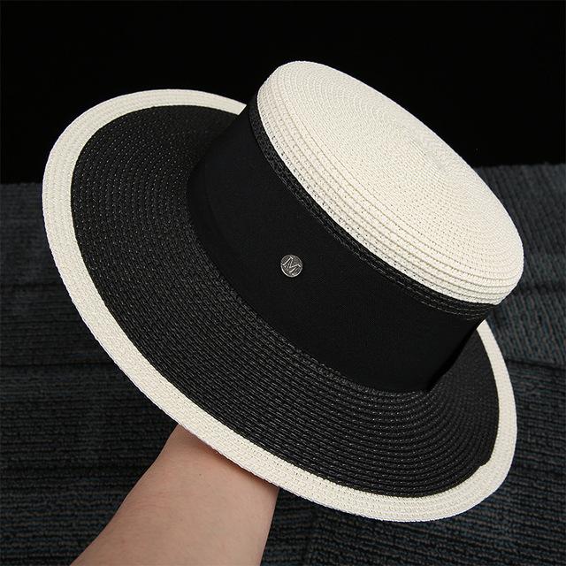 Women's summer beach straw hat beach shade sun protection color blocked flat top sun hat British versatile top hat