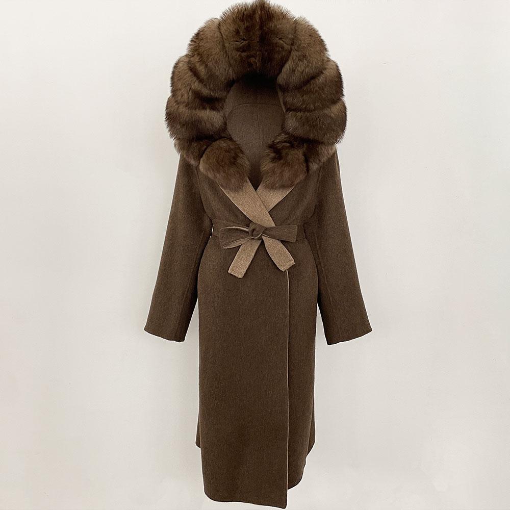 OFTBUY Winter Women Coat Real Natural Fox Fur Hooded Detachable Collar Double-faced Woolen Jacket Long Casual Elegant Overwears