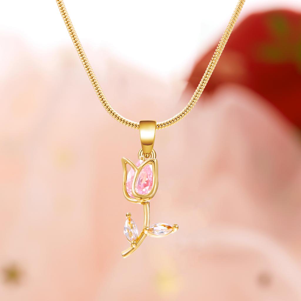 Light Luxury Zircon Tulip Flower Pendant Necklace for Women Elegant Stainless Steel Clavicle Chain Fashion Party Jewelry Gift