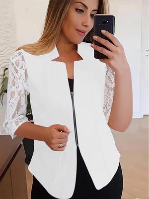 Blazer con cerniera in pizzo a manica media tinta unita 2024 - Giacca versatile professionale e casual